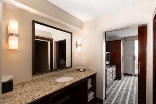 a bathroom with a sink and a mirror at Embassy Suites San Francisco Airport - Waterfront in Burlingame