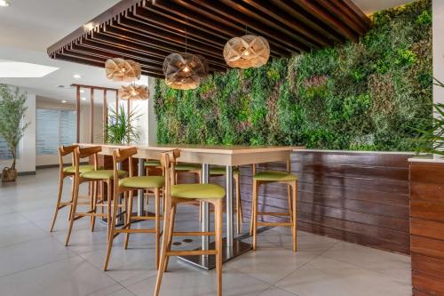 eine Küche mit einer Bar mit grüner Wand in der Unterkunft Condado Palm Inn San Juan, Tapestry Collection by Hilton in San Juan