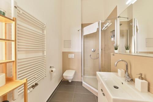 e bagno con servizi igienici, lavandino e doccia. di Historisches Deluxe Apartment im Marianum a Neuss