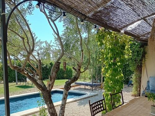 a view of a swimming pool from a house with a tree at Beautiful villa with private pool in the Luberon in Cucuron