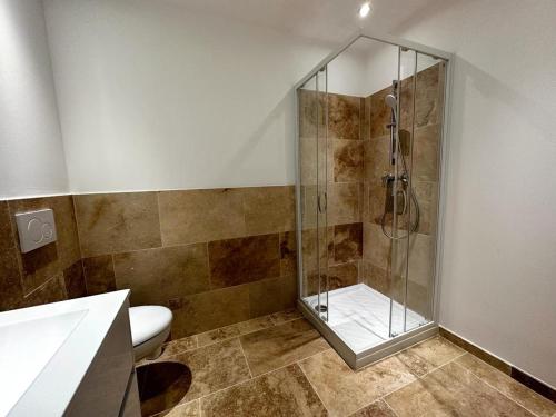 uma casa de banho com um chuveiro, um WC e um lavatório. em Résidence Terminus - appartements em Sainte-Maxime