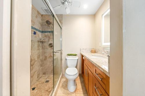 a bathroom with a toilet and a shower and a sink at Kulakane 310 · KK 310 Updated BeachFront 2BD w AC Pool in Kahana