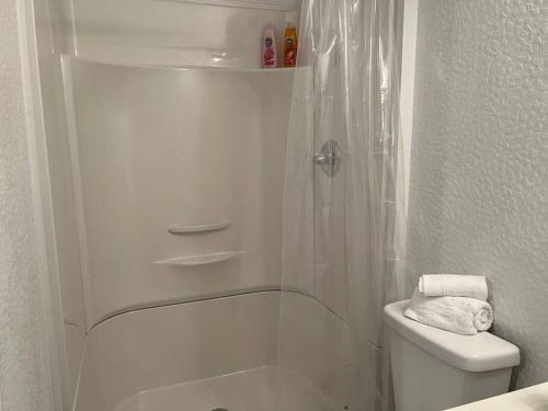 a white bathroom with a shower and a toilet at Luxury Suite by Tampa Convention Center & Hospital in Tampa