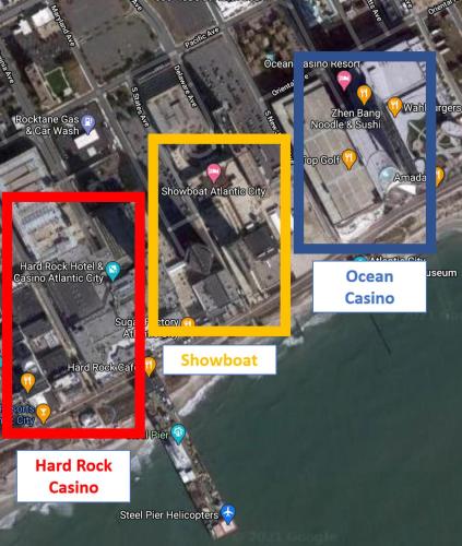 a map showing the location of a hard rock casino and ocean casino at Boardwalk CozySuites Condo with kitchen 41 in Atlantic City