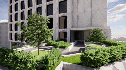 a rendering of a building with trees and bushes at Hotel Mi Rochor in Singapore