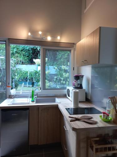 a kitchen with a sink and a window at Fare Tapu in Uturoa