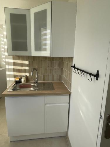 Biała kuchnia ze zlewem i lodówką w obiekcie Appartement Cosy Beauvais w Beauvais