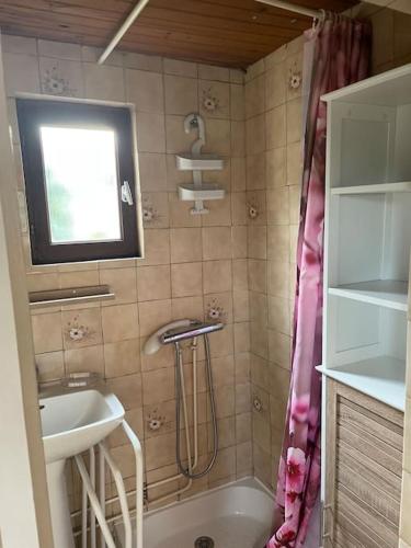 une salle de bain avec un lavabo, une baignoire et une douche dans l'établissement Maison de vacances à louer, à Meschers-sur-Gironde