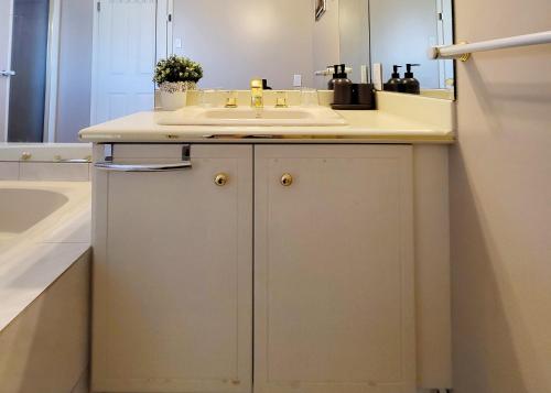 a bathroom with a sink and a mirror at Vivi's Home in Vancouver