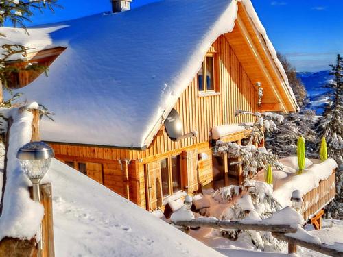 a log cabin in the snow with a light at Chalet in Bad Leonhard near Klippitztörl Slopes in Klippitztorl