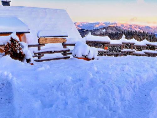 a snow covered yard with a bench in the snow at Chalet in Bad Leonhard near Klippitztörl Slopes in Klippitztorl