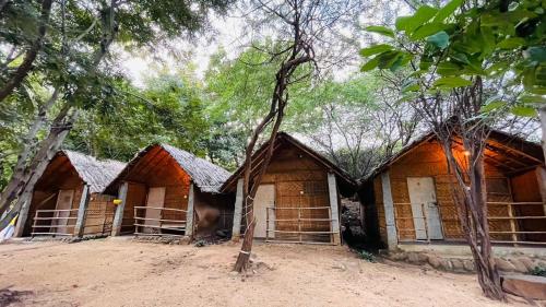 einer Gruppe von Hütten inmitten eines Waldes in der Unterkunft HAPPY PLACE HAMPI in Hampi