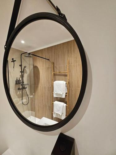 d'un miroir reflétant la salle de bains avec douche et lavabo. dans l'établissement Studio Saint-Laurent-Du-Var bord de mer, à Saint-Laurent-du-Var
