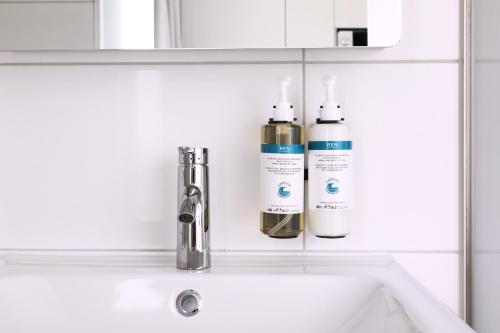 a bathroom sink with two bottles on a shelf at Numa Zurich Turi in Zürich