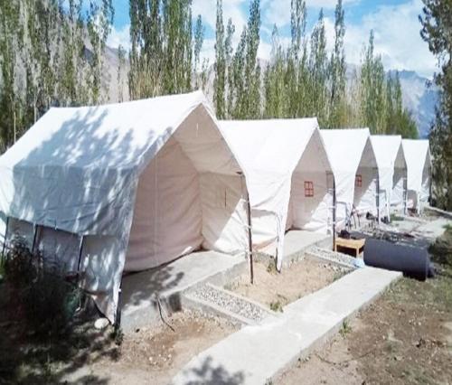 a row of white tents in a field at StayApart at Alpine Ibex Camp, Nubra Valley in Leh
