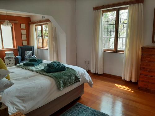 a bedroom with a bed with two pillows on it at Japie's Yard Self-Catering in Swakopmund