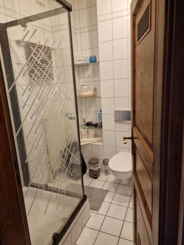 y baño con ducha y aseo. en 98qm Wohnung im Villenviertel - Voll ausgestattet mit Balkon und Kamin - WLAN gratis, en Wilhelmshaven