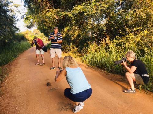 a group of people on a dirt road with cameras at Mahoora Yala - by Eco Team in Yala