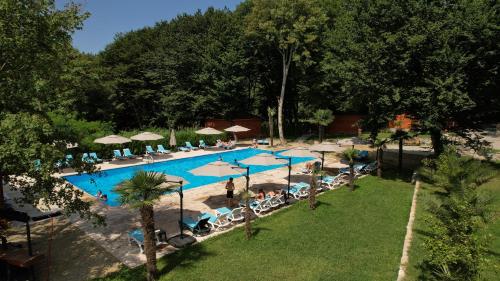 uma vista superior para uma piscina com cadeiras e guarda-sóis em Wald Hotel Lagodekhi Rooms em Lagodekhi
