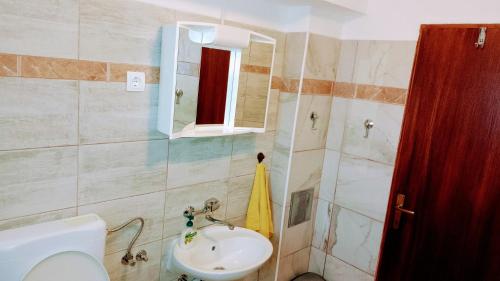 een badkamer met een wastafel, een toilet en een spiegel bij Apartman Barbara in Fužine