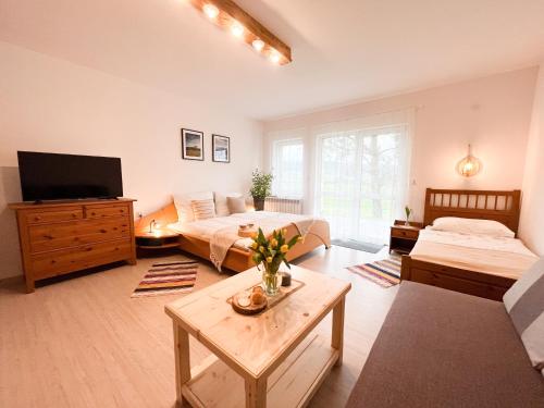 a living room with two beds and a television at Zubrzyckie Pokoje in Zubrzyca Dolna