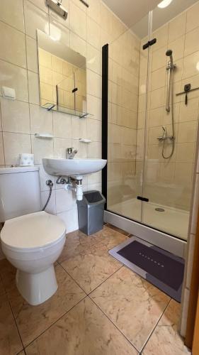a bathroom with a toilet and a sink and a shower at Kraken-pokoje gościnne in Krynica Morska
