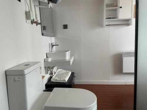 a white bathroom with a toilet and a sink at 北京密云古北口镇京九郎民宿 in Miyun