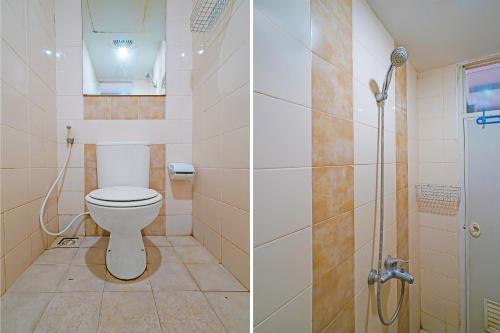 two pictures of a bathroom with a toilet and a shower at OYO Life 92774 The Edge Apartment By My Home in Cimahi