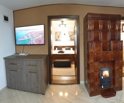a living room with a television and a fireplace at Apple Glade in Poiana Mărului