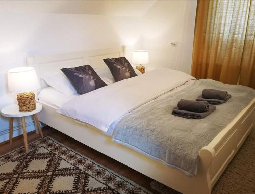 a bedroom with a large white bed with two lamps at Apple Glade in Poiana Mărului