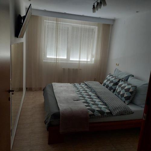 a bedroom with a large bed with a window at Apartament Casa Dia 1 in Sibiu
