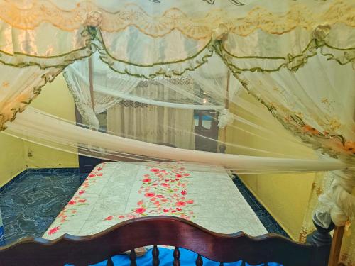 a bedroom with a bed with a canopy and a window at Maison 2 chambres avec jardin. in Mamoudzou