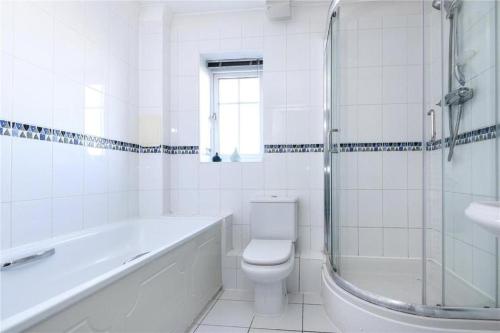 Sunny 1 bed apartment in a quiet central location في باسينغستوك: حمام مع مرحاض وحوض استحمام ودش