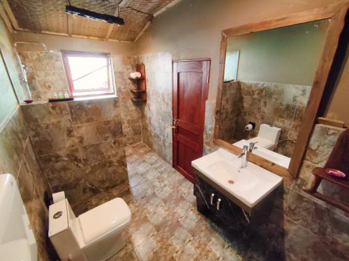 a bathroom with a sink and a toilet and a mirror at Wag Hill Lodge & Spa in Mwanza