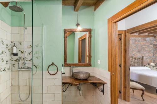 a bathroom with a shower and a sink and a mirror at Leyendas del Miera in Liérganes