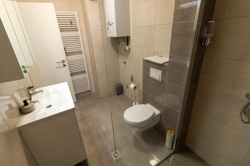 La salle de bains est pourvue de toilettes, d'un lavabo et d'une douche. dans l'établissement Gajeva Rooms - Stockholm apartment SELF CHECK-IN, à Virovitica