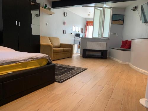 a bedroom with a bed and a living room at Studio Apartment - Entire Lower Ground Floor - Only 7 Mins Walk Kings Cross St Pancras Station in London