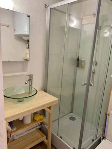 une salle de bain avec une douche en verre avec un lavabo dans l'établissement Studio cabine 4 personnes pied des pistes samedi à samedi, à Bolquère-Pyrénées 2000