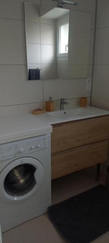 a bathroom with a washing machine and a sink at Chez Emile in Brézins