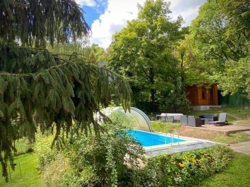 a house with a swimming pool in a garden at Gesztenyés Ház in Nagymaros