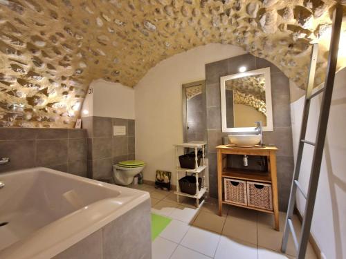 Saint-Maurice-sur-Eygues的住宿－Entre Vignes et Oliviers，带浴缸和盥洗盆的浴室