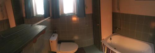 a bathroom with a toilet and a bath tub at Domek Myśliwski Las Vegas in Mierzyn