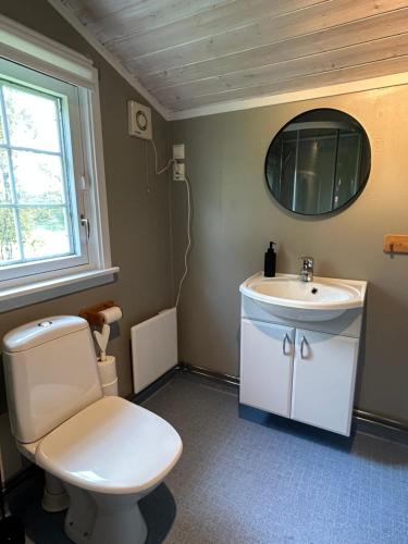 a bathroom with a toilet and a sink and a mirror at Harekroken in Tynset