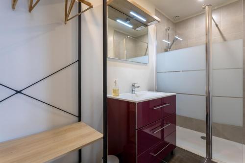 een badkamer met een wastafel en een douche bij Studio vue magique proche Locronan in Plogonnec