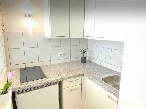 a kitchen with white cabinets and a sink at Studio next to Karlsplatz/Karlskirche in Vienna