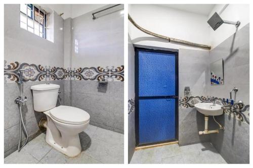 two pictures of a bathroom with a toilet and a sink at Aqua Vista 