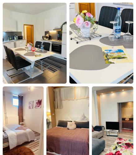 a collage of pictures of a kitchen and a living room at Ferienwohnung Marina an der Romantischen Straße in Weikersheim