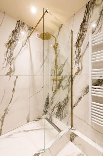 une douche avec une porte vitrée dans une salle de bain dans l'établissement Bon Marche - Charming apartment, à Paris