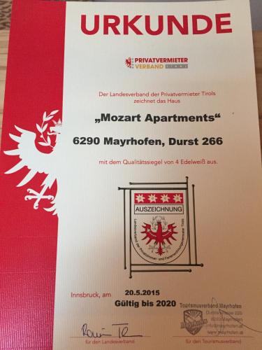 Certifikát, hodnocení, plakát nebo jiný dokument vystavený v ubytování Apartment Mozart