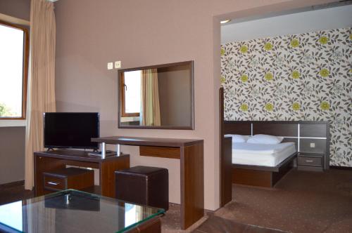 a room with a bedroom with a bed and a mirror at Hemus Hotel - Vratza in Vratsa